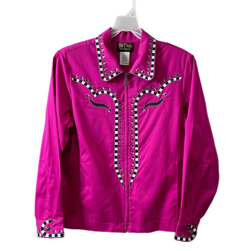 Bob Mackie Wearable Art Bright Pink Embroidered Zip Up Jacket Womens Size Large